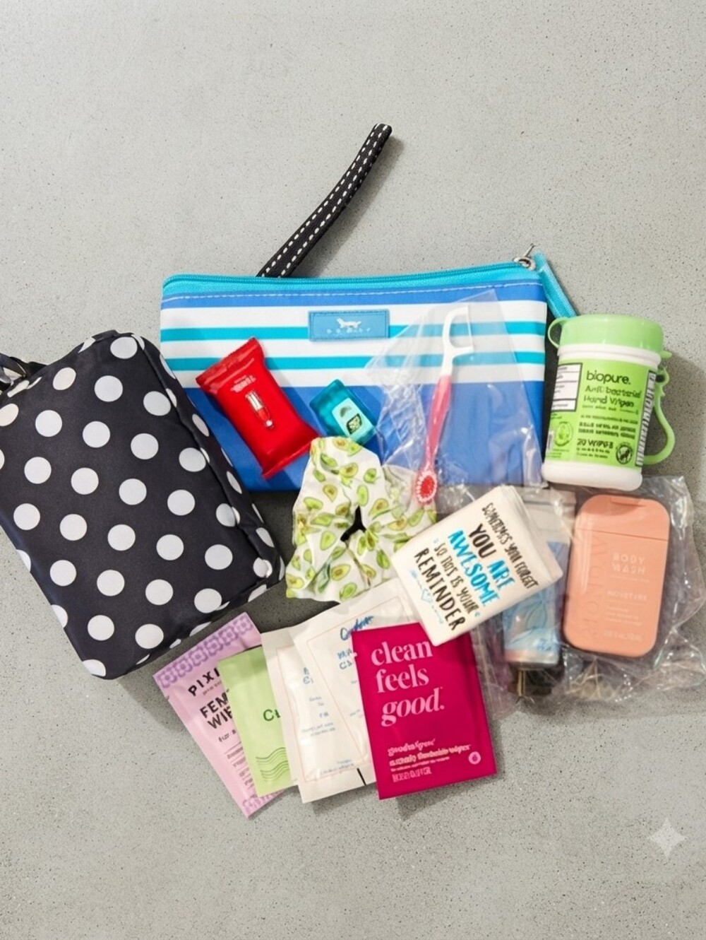 Scout Blue/White Striped Cosmetic Pouch with Assorted Daily Supplies